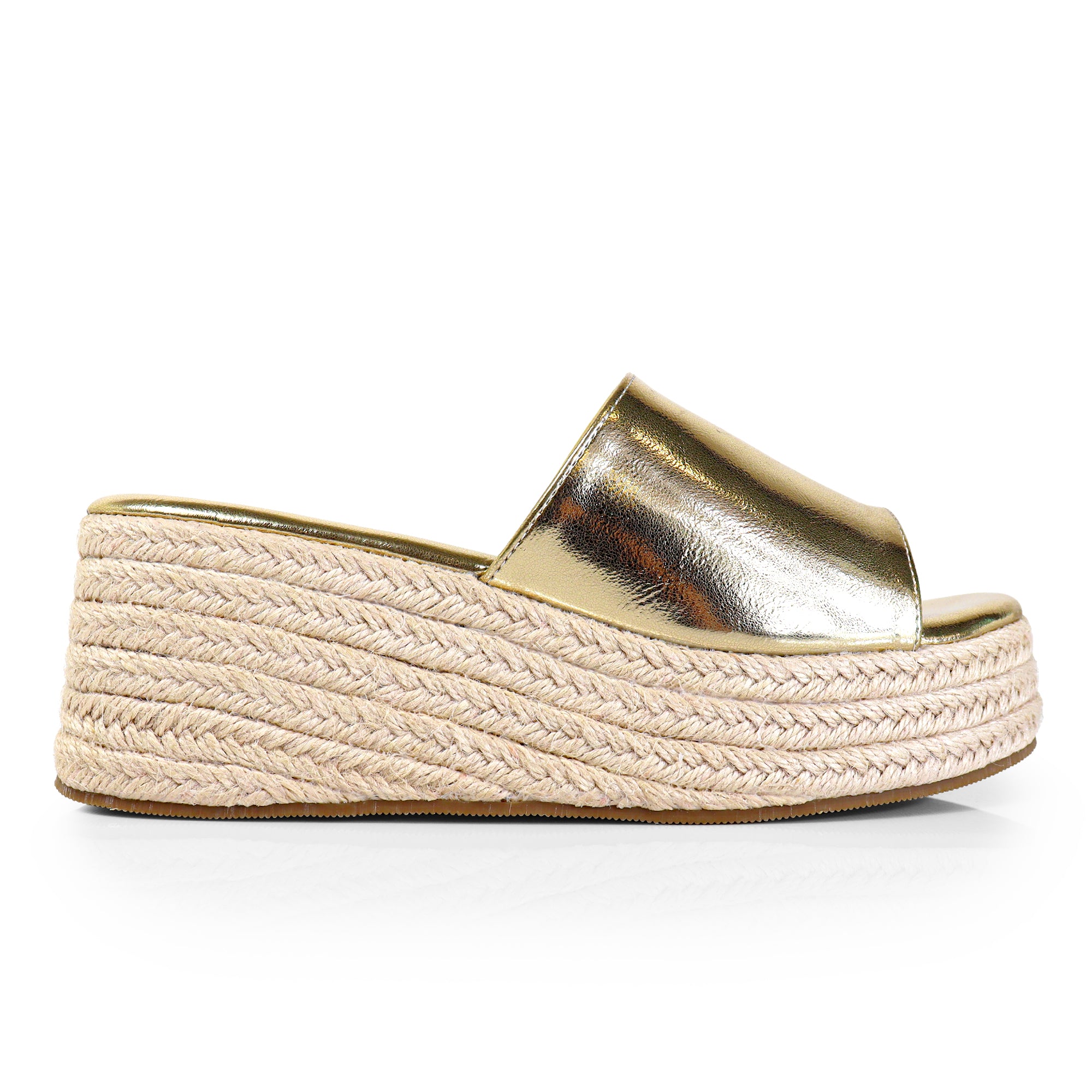 MARINA-3 OPEN ROUND TOE MULE W/ ESPADRILLE PLATFORM WEDGE GOLD