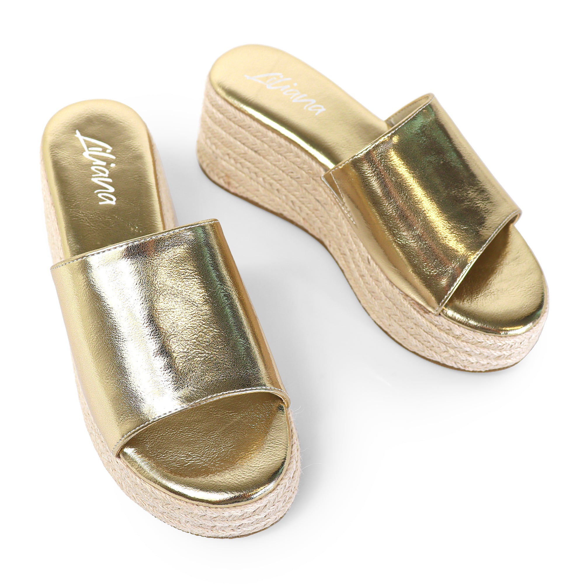 MARINA-3 OPEN ROUND TOE MULE W/ ESPADRILLE PLATFORM WEDGE GOLD