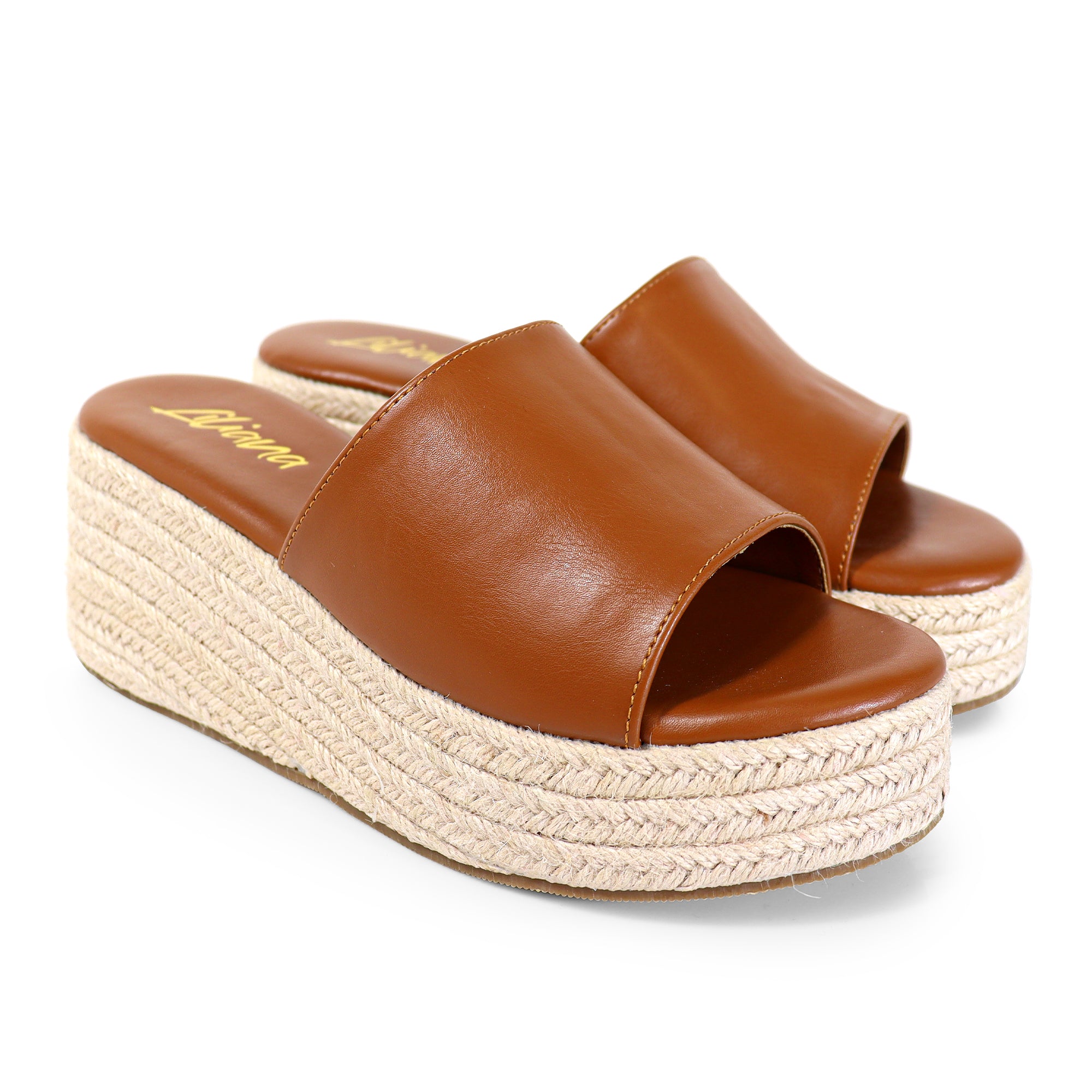 MARINA-3 OPEN ROUND TOE MULE W/ ESPADRILLE PLATFORM WEDGE TAN