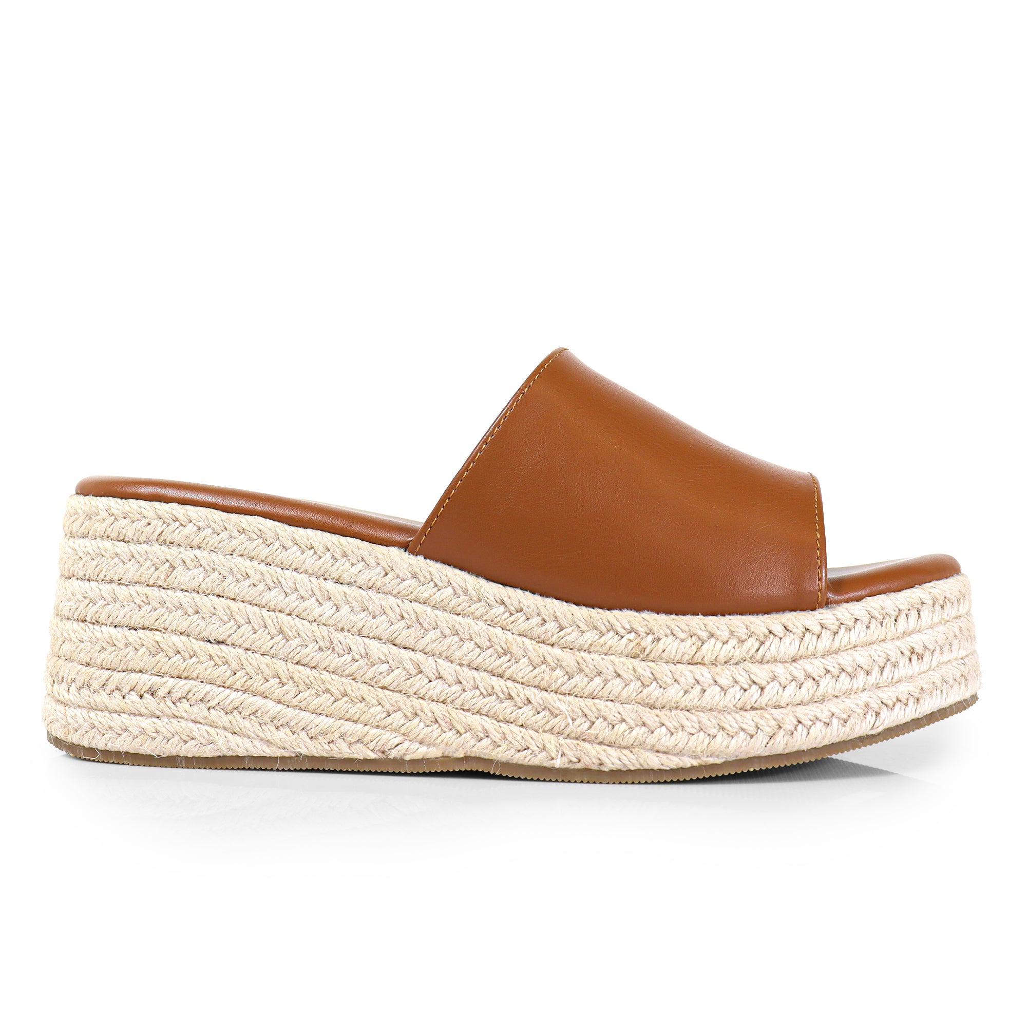 MARINA-3 OPEN ROUND TOE MULE W/ ESPADRILLE PLATFORM WEDGE TAN