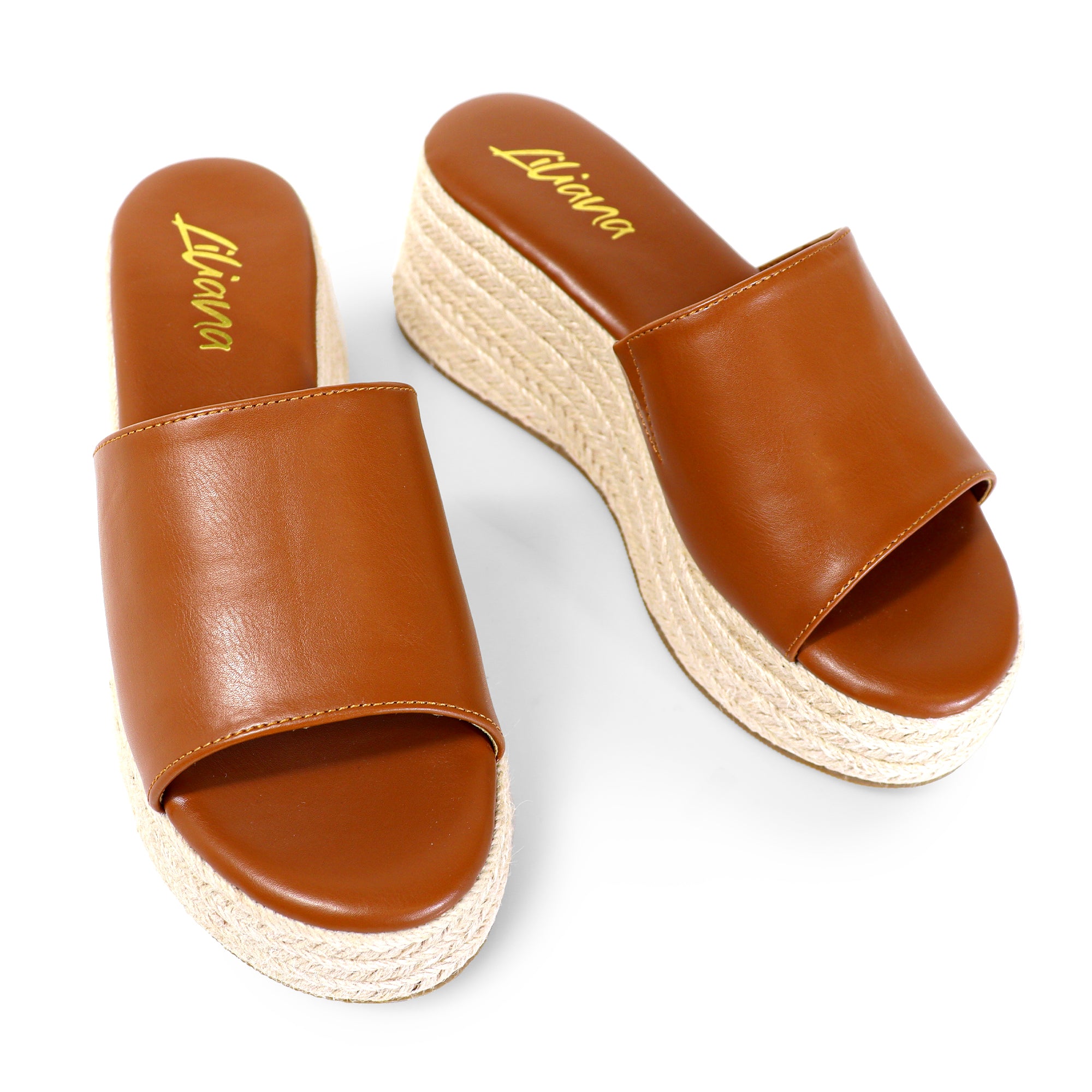 MARINA-3 OPEN ROUND TOE MULE W/ ESPADRILLE PLATFORM WEDGE TAN
