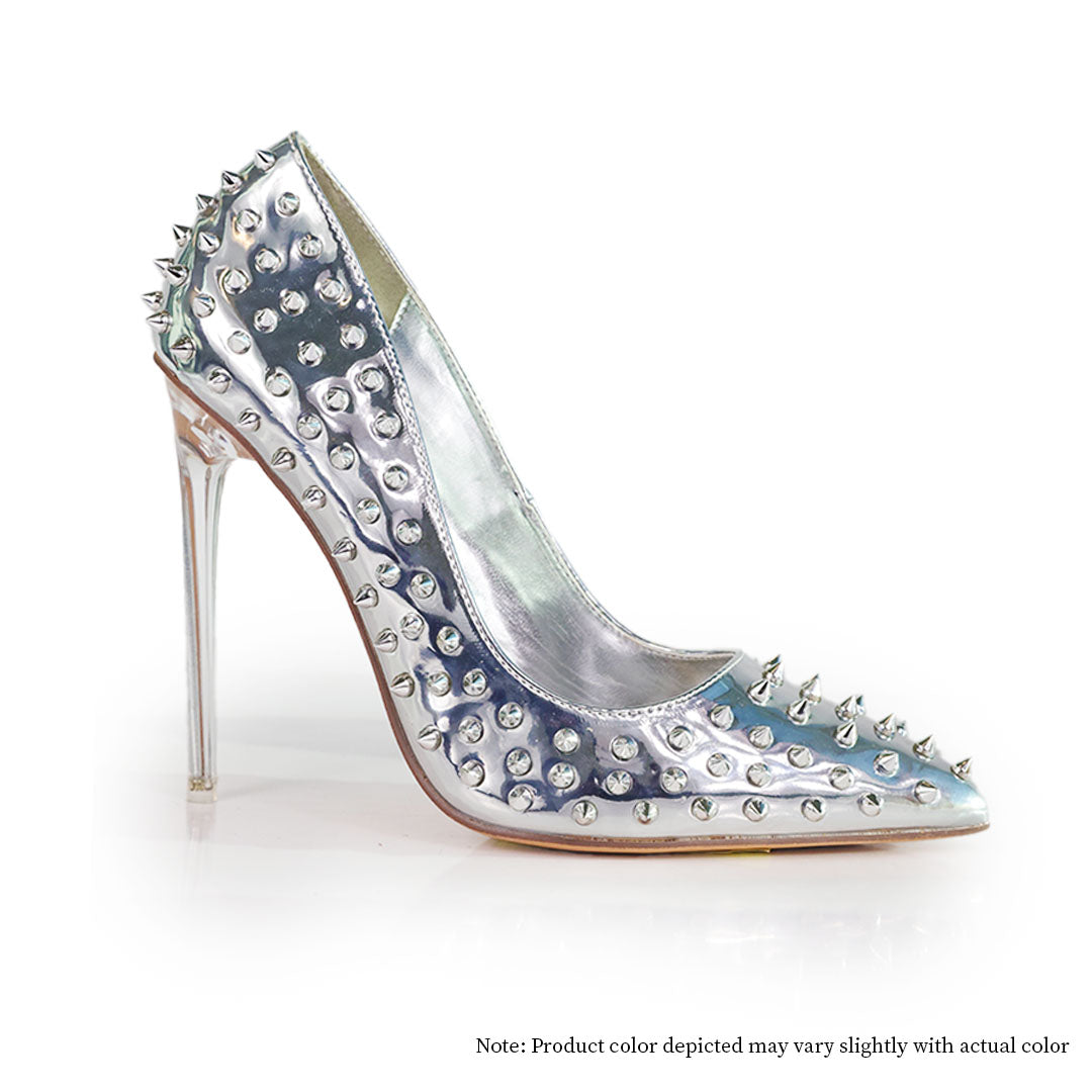 MARKEL-3 POINTED TOE PUMP WITH SPIKES-STILETTO-SILVER
