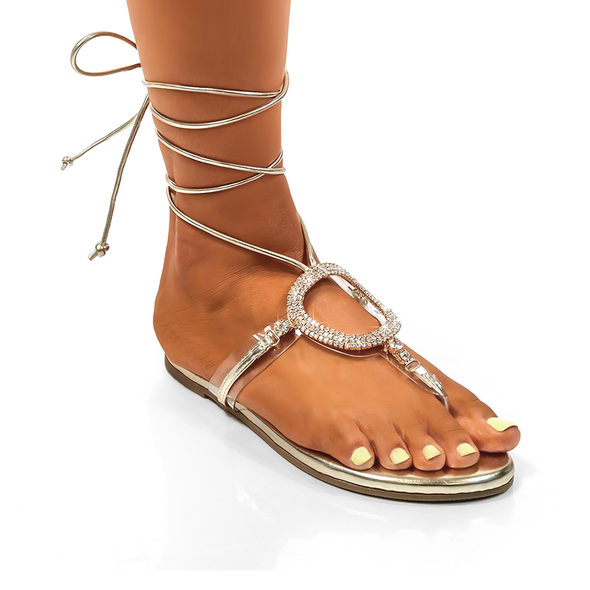 MARLO-139 ROUND RHINESTONE THONG SANDALS STRAPPY GOLD