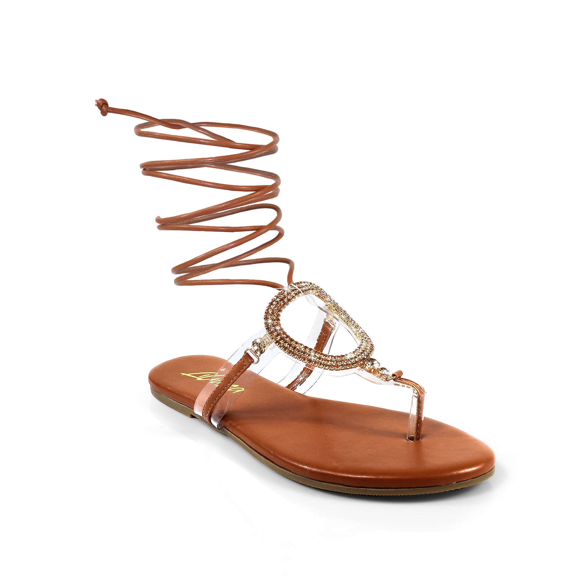 MARLO-139 ROUND RHINESTONE THONG SANDALS STRAPPY TAN
