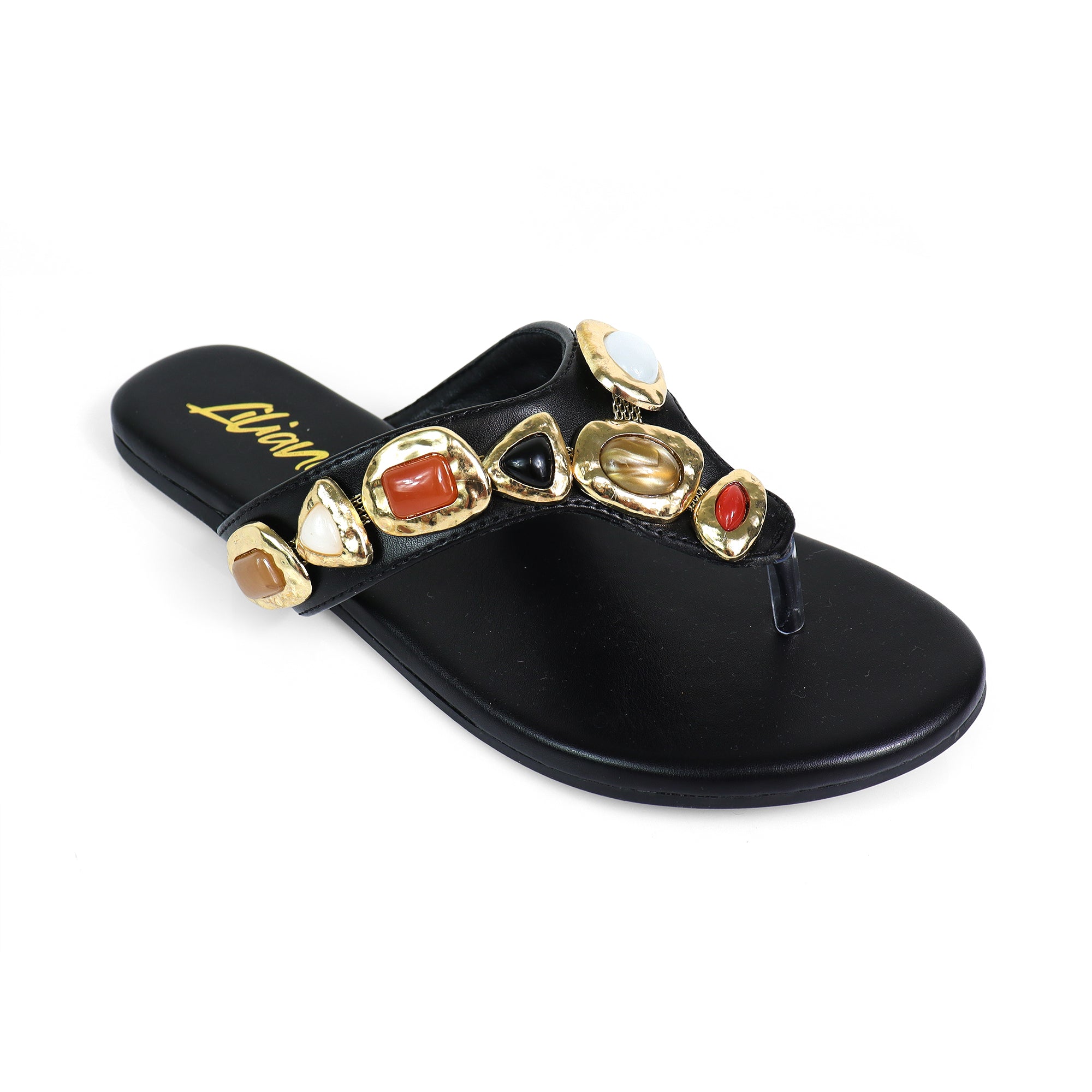 MARLO-252 MUTIPLE STONE THOUNG SANDALS BLACK