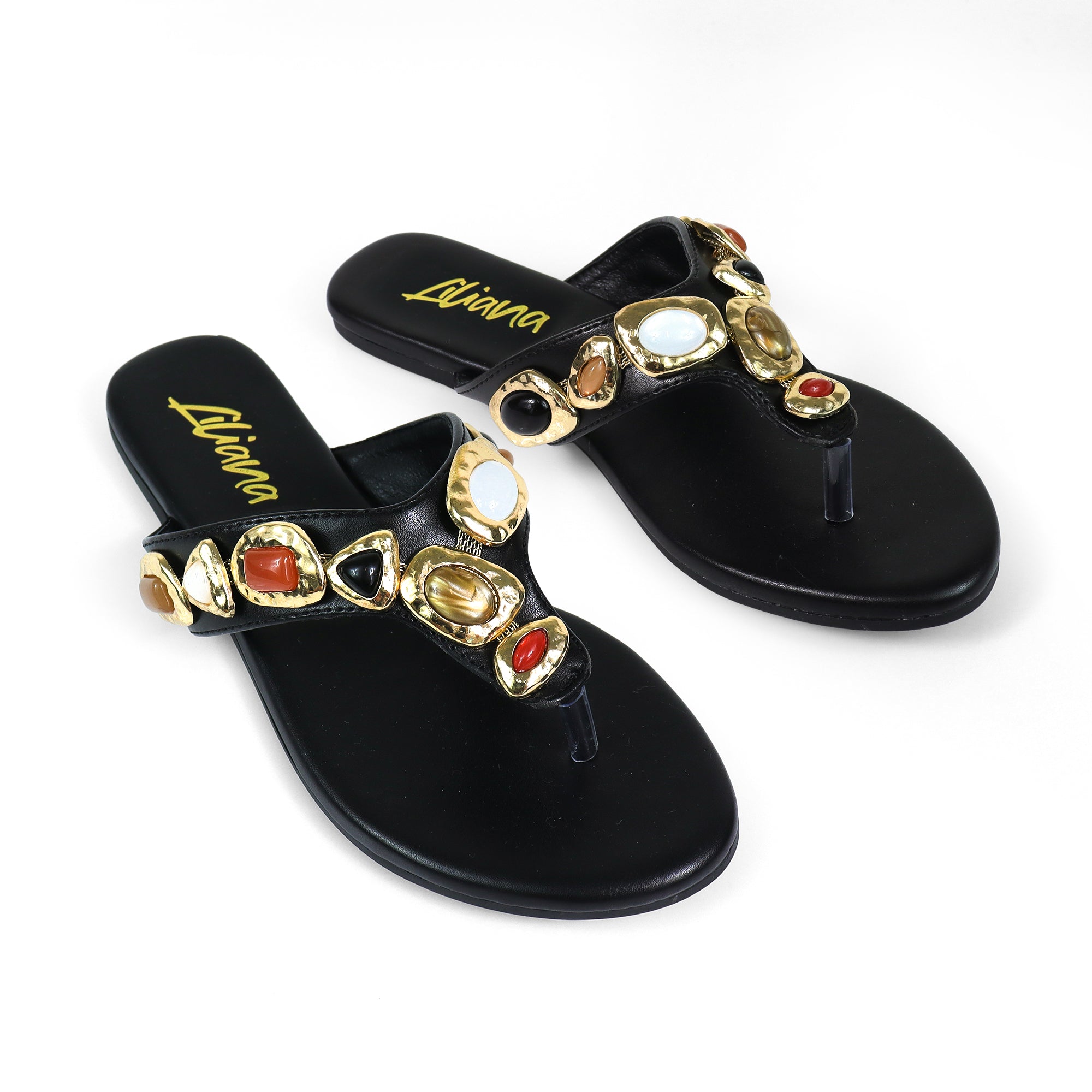 MARLO-252 MUTIPLE STONE THOUNG SANDALS BLACK