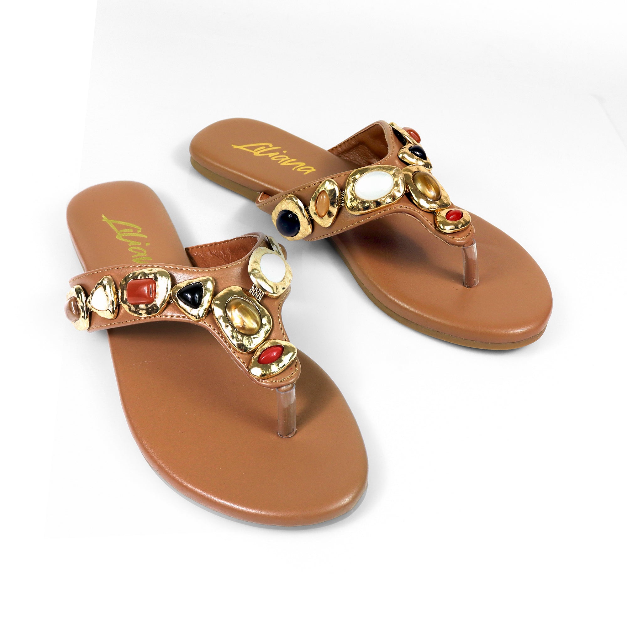MARLO-252 MUTIPLE STONE THOUNG SANDALS TAN