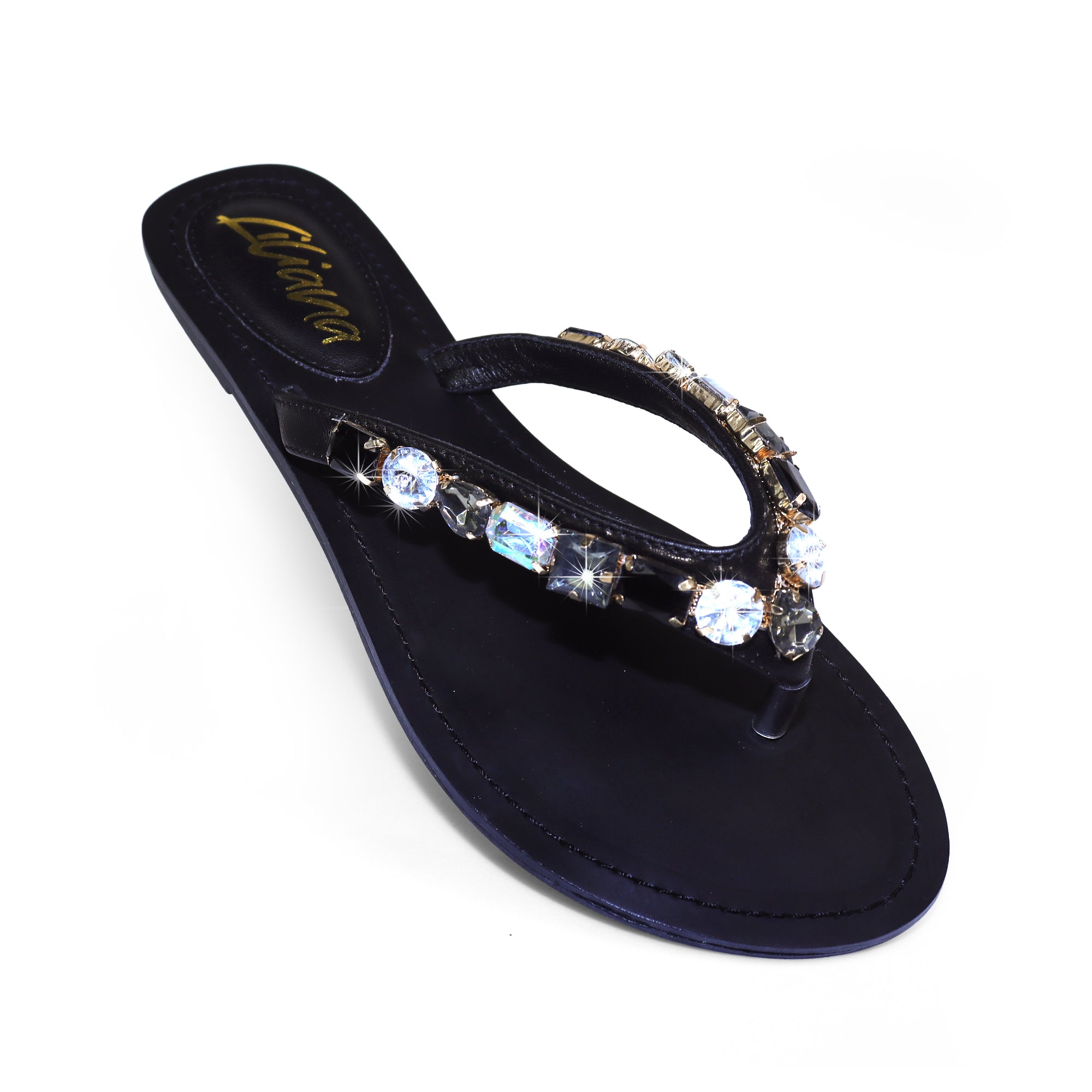 MARLO-256 COLOR STONE DETAIL THONG SANDAL BLACK