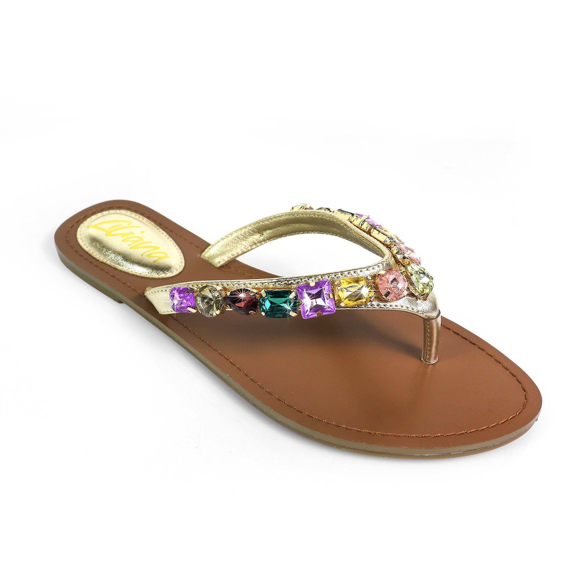MARLO-256 COLOR STONE DETAIL THONG SANDAL GOLD