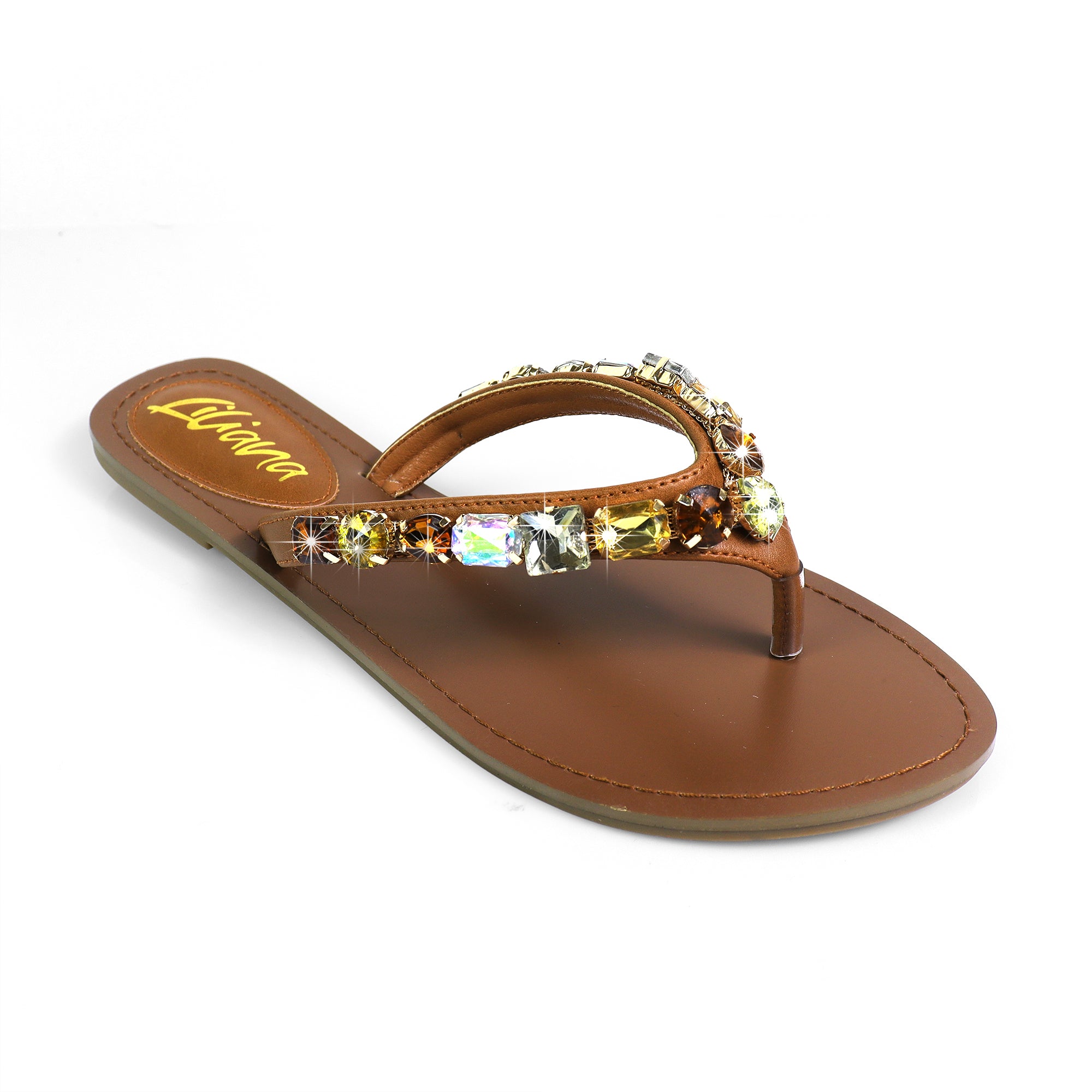 MARLO-256 COLOR STONE DETAIL THONG SANDAL TAN