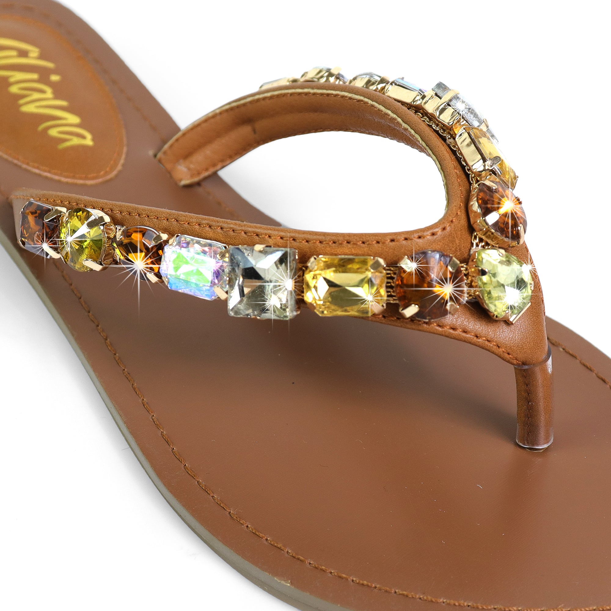 MARLO-256 COLOR STONE DETAIL THONG SANDAL TAN