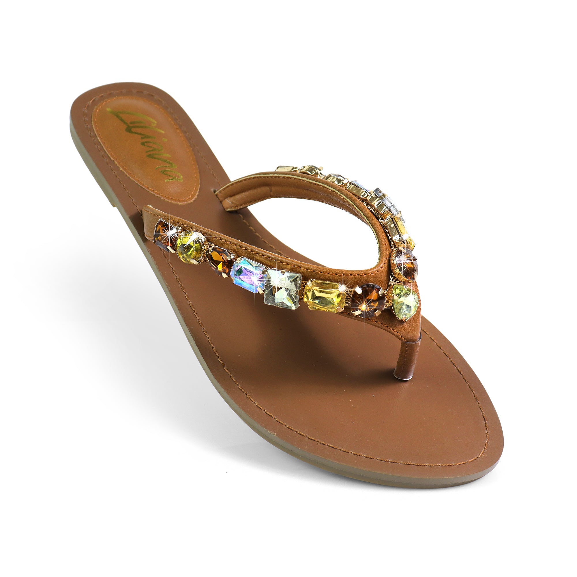MARLO-256 COLOR STONE DETAIL THONG SANDAL TAN