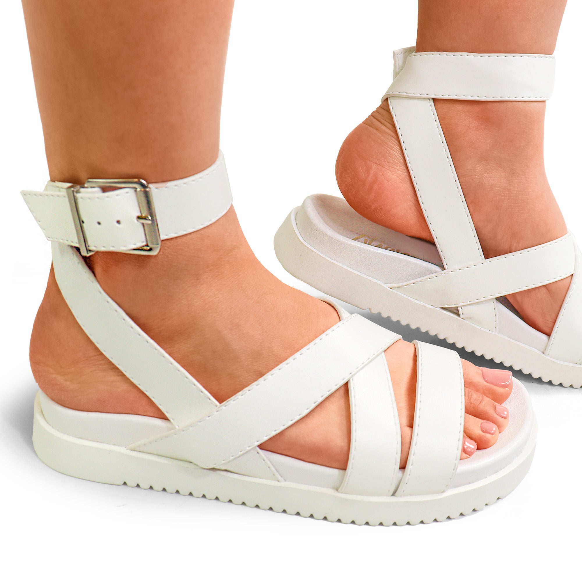 MARTINA-1 CROSS STRAP ANKLE BUCKLE PLATFORM SANDAL WHITE