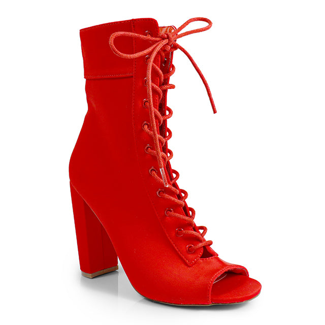 MAXIN-1 PEEP TOE CUT OUT LACE UP BOOTIE RED