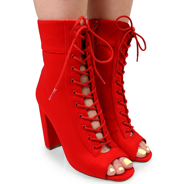 MAXIN-1 PEEP TOE CUT OUT LACE UP BOOTIE RED