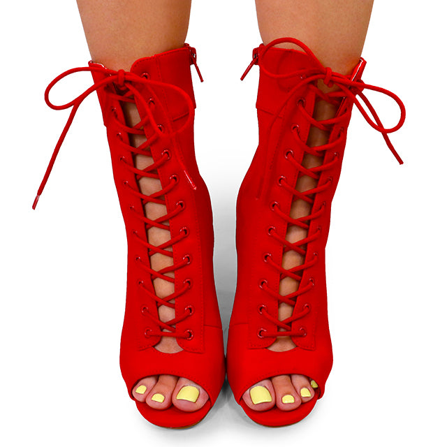 MAXIN-1 PEEP TOE CUT OUT LACE UP BOOTIE RED