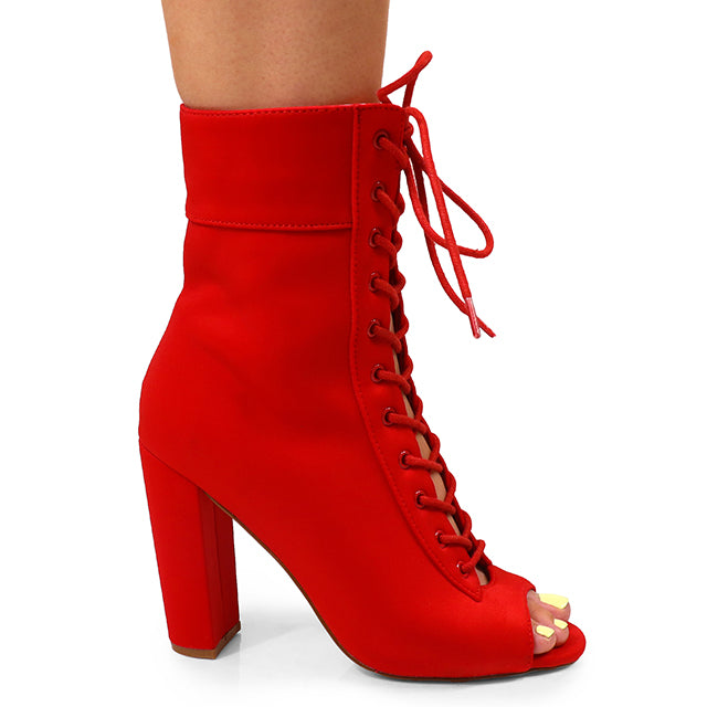 MAXIN-1 PEEP TOE CUT OUT LACE UP BOOTIE RED