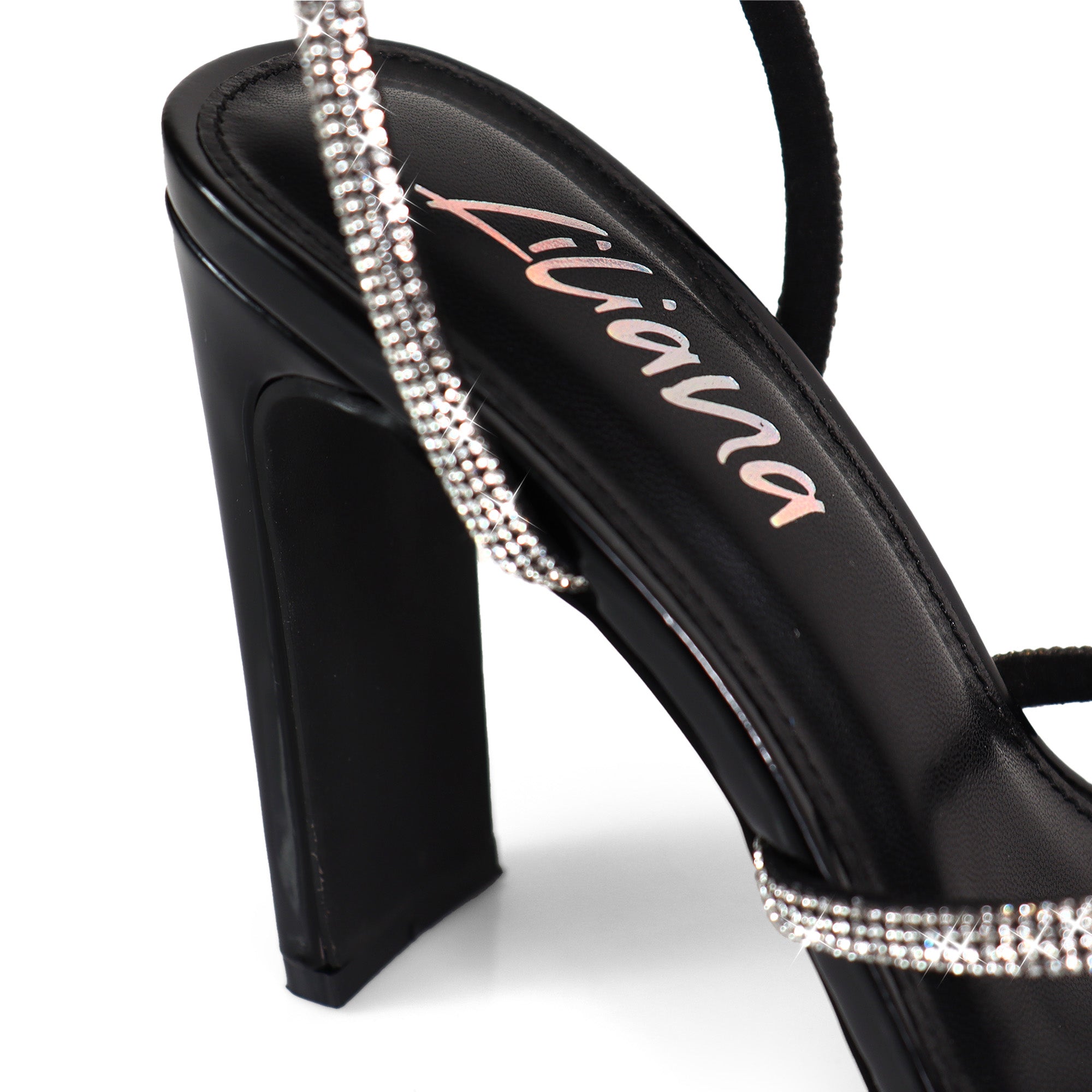 MAYAN-3 RHINESTONE  ANKLE STRAP HEEL BLACK