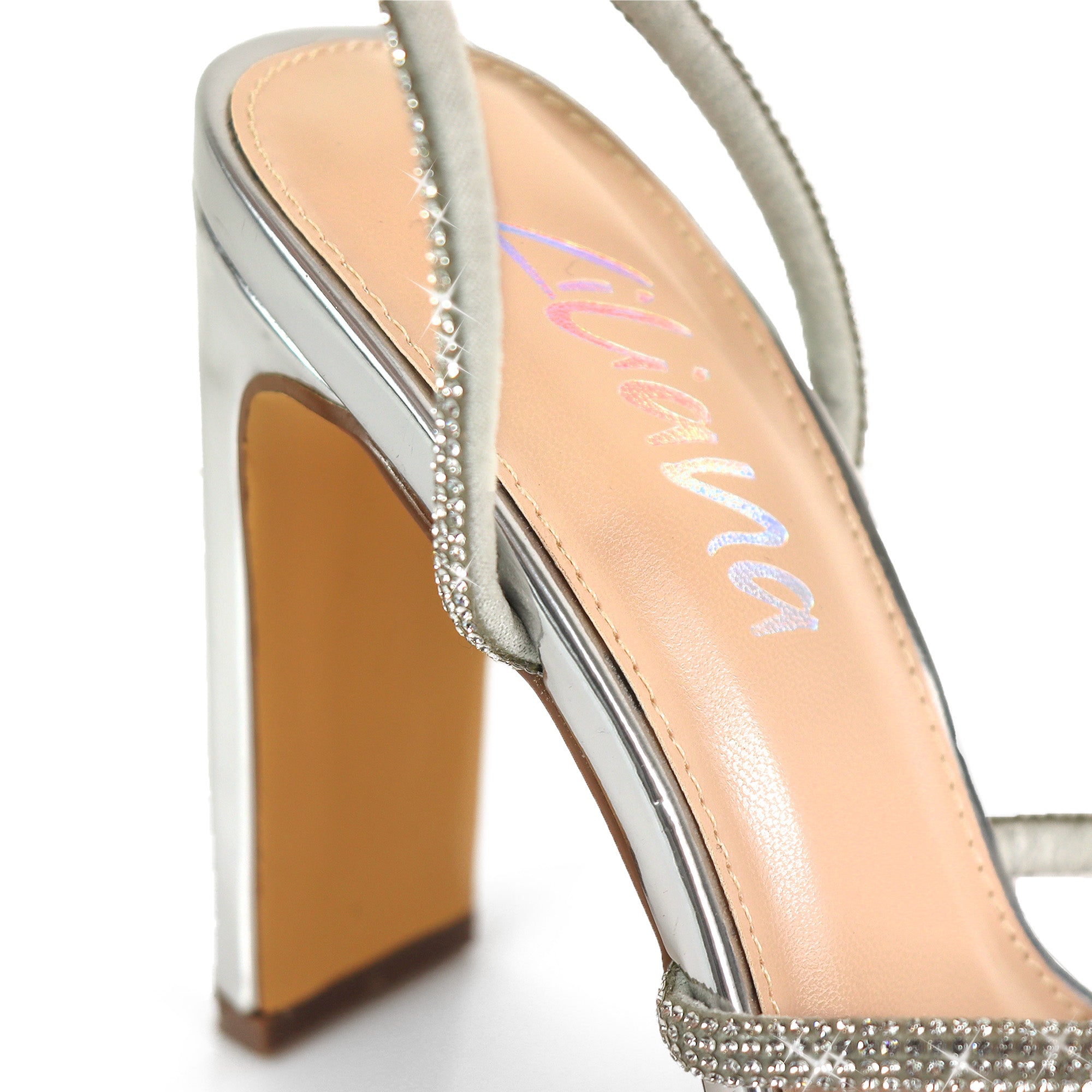 MAYAN-3 RHINESTONE  ANKLE STRAP HEEL SILVER