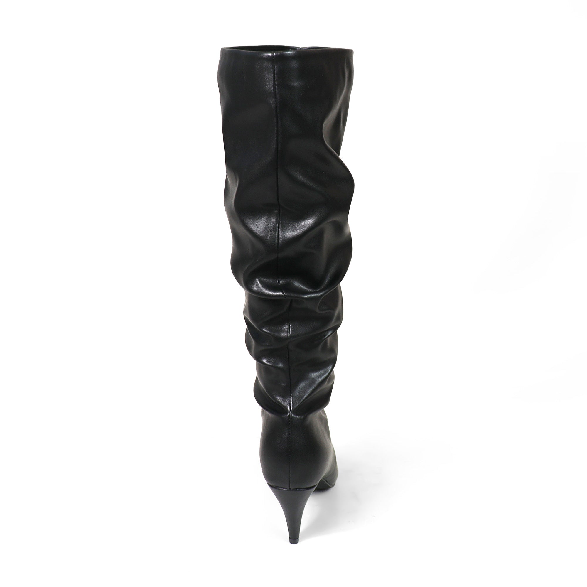 MEAGAN-1 POINTED TOE SLOUCH BOOTS / KITTEN HEEL BLACK PU