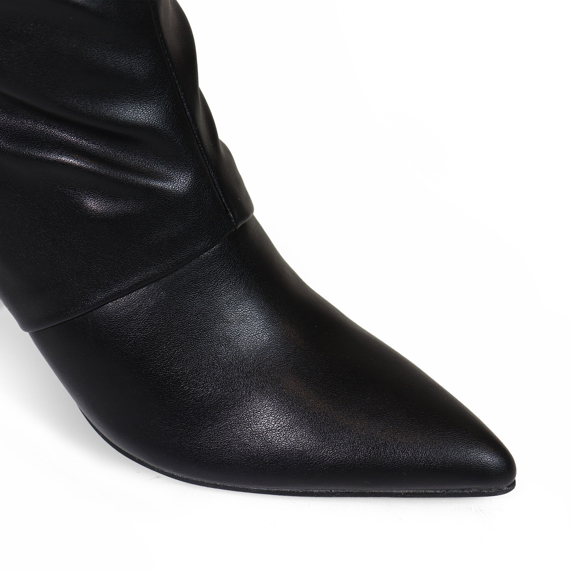MEAGAN-1 POINTED TOE SLOUCH BOOTS / KITTEN HEEL BLACK PU