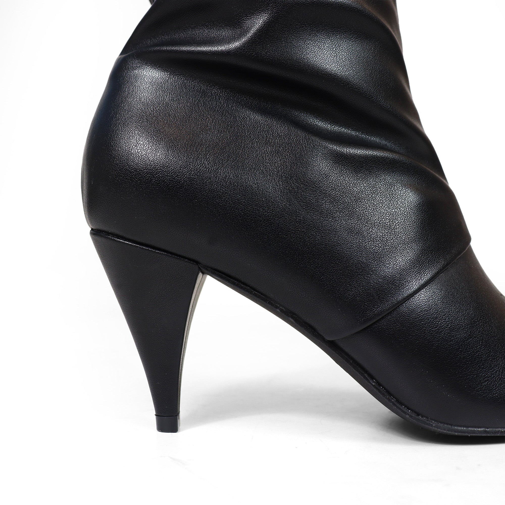 MEAGAN-1 POINTED TOE SLOUCH BOOTS / KITTEN HEEL BLACK PU