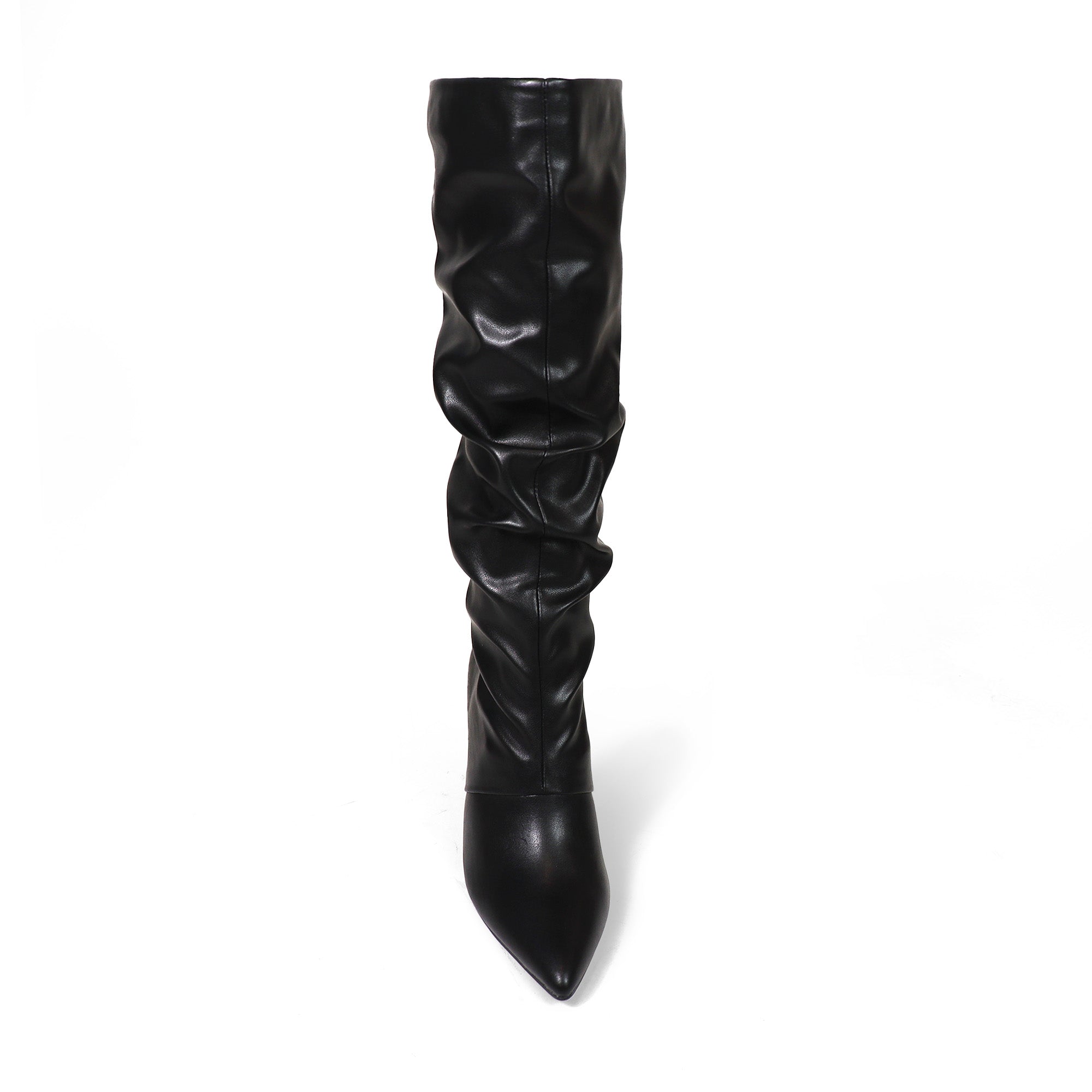 MEAGAN-1 POINTED TOE SLOUCH BOOTS / KITTEN HEEL BLACK PU