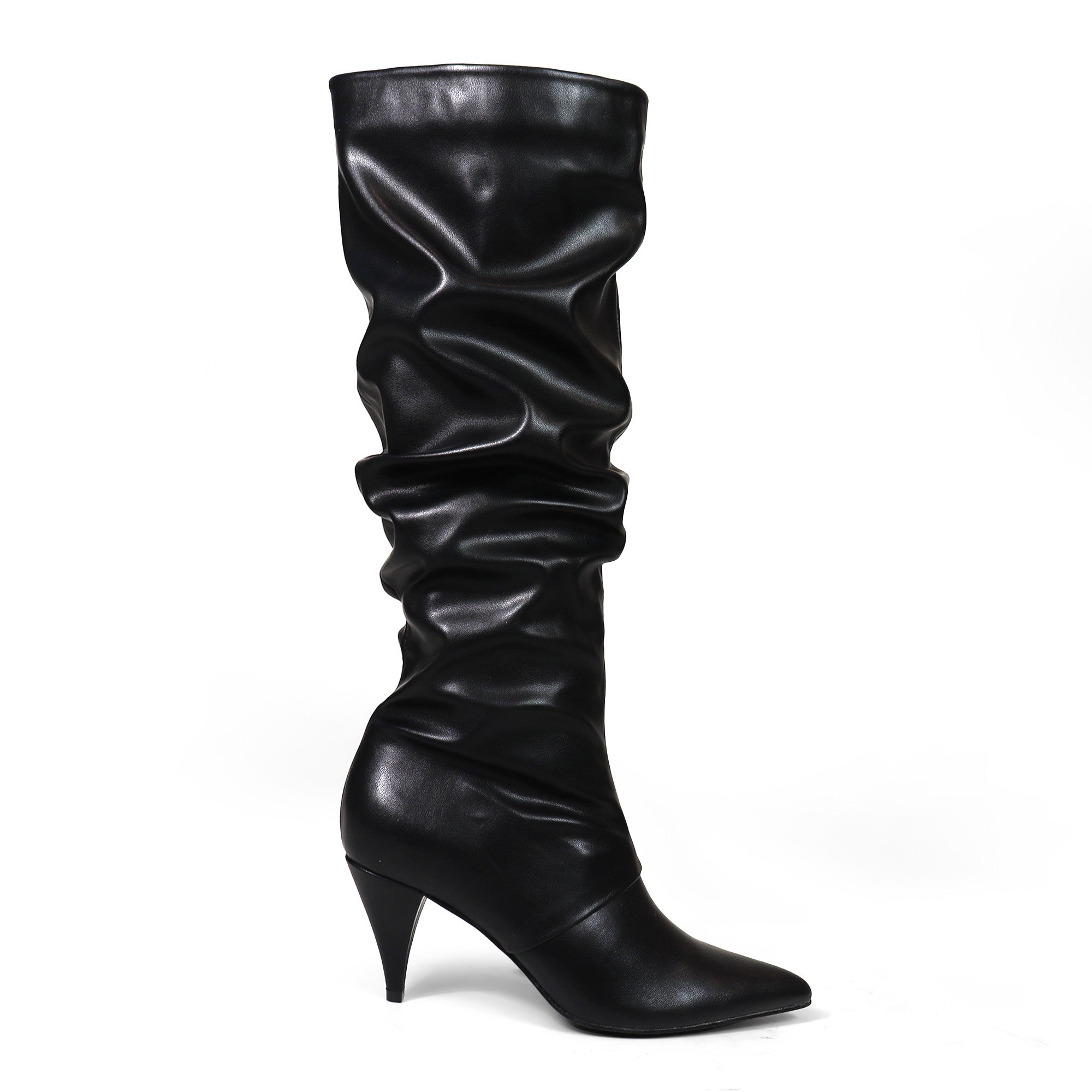 MEAGAN-1 POINTED TOE SLOUCH BOOTS / KITTEN HEEL BLACK PU
