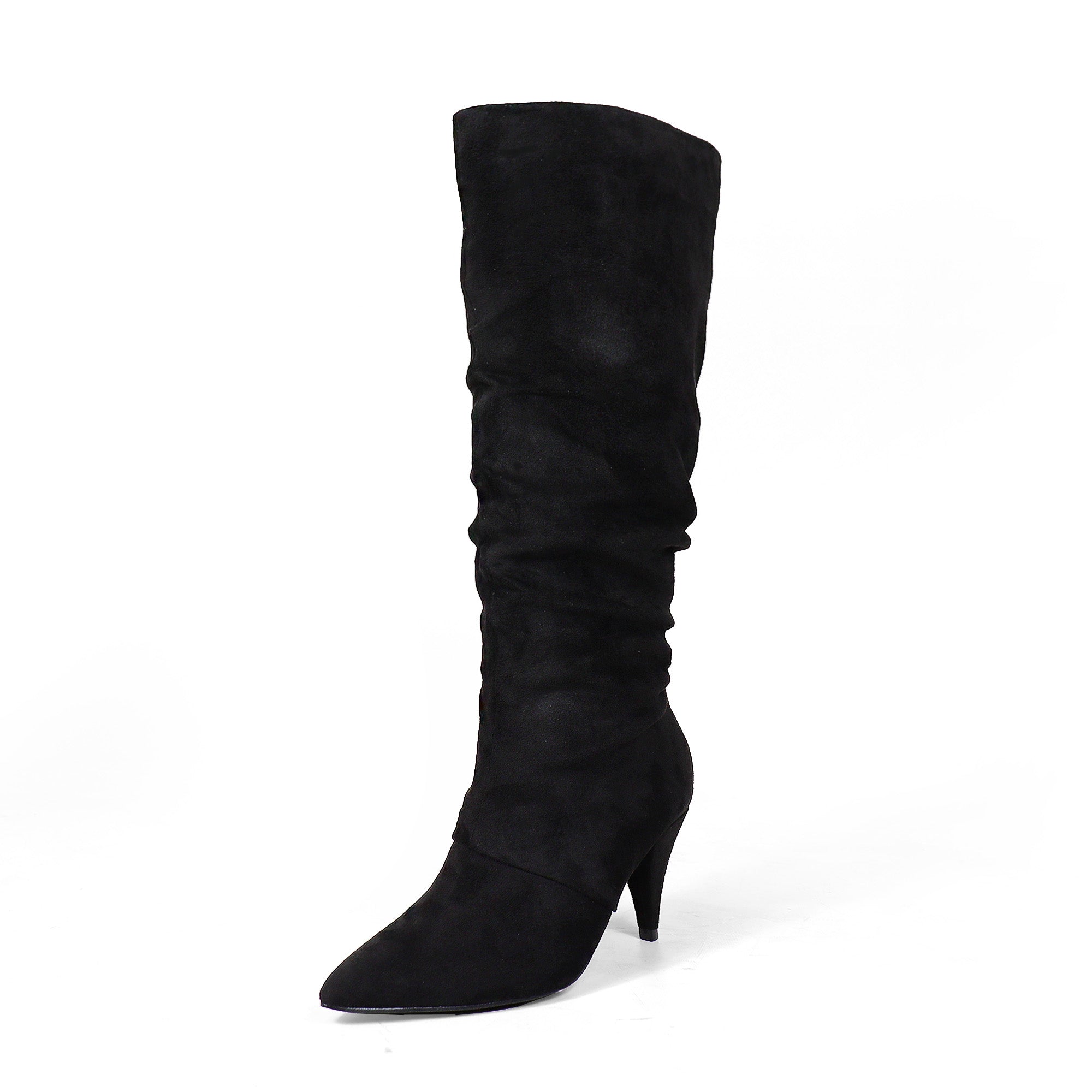 MEAGAN-1 POINTED TOE SLOUCH BOOTS / KITTEN HEEL BLACK SUEDE