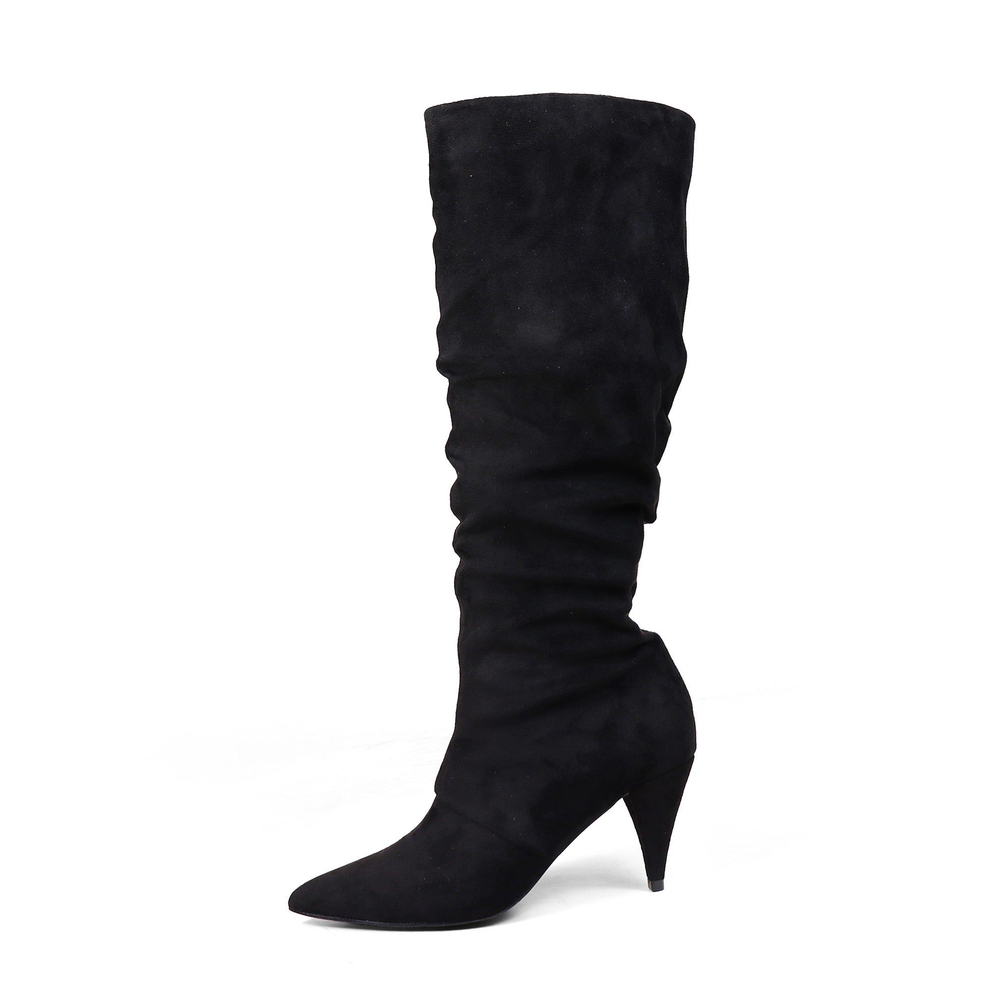 MEAGAN-1 POINTED TOE SLOUCH BOOTS / KITTEN HEEL BLACK SUEDE