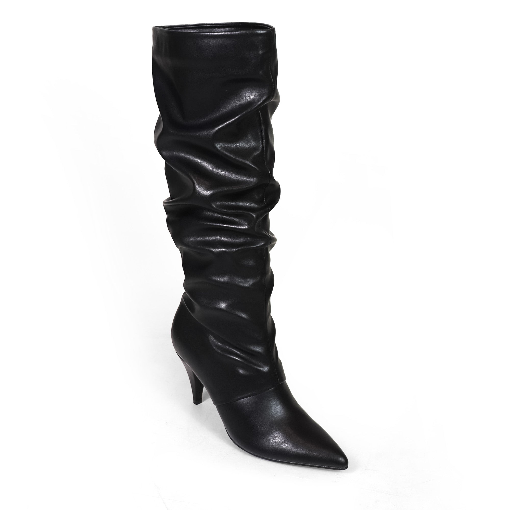 MEAGAN-1 POINTED TOE SLOUCH BOOTS / KITTEN HEEL BLACK PU