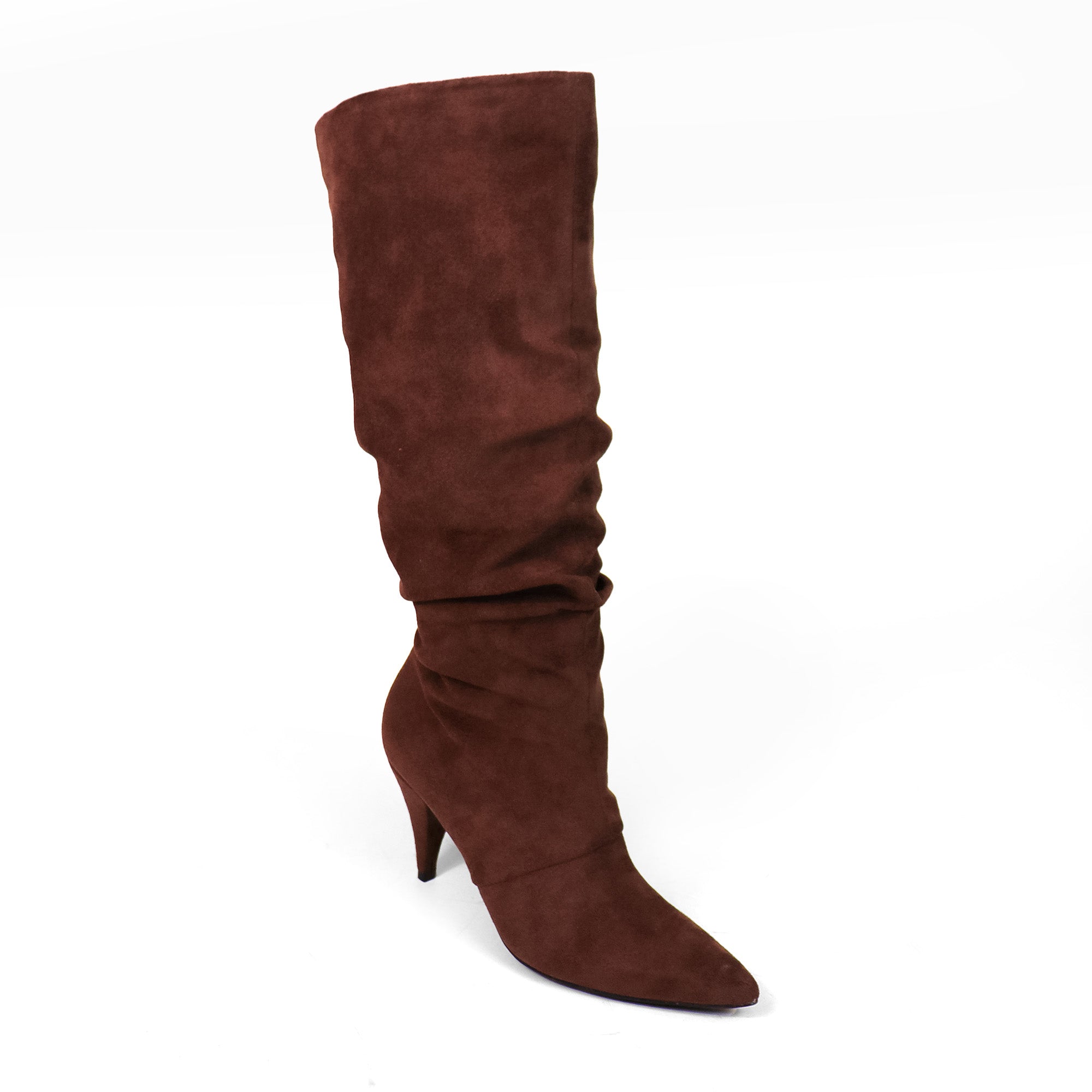 MEAGAN-1 POINTED TOE SLOUCH BOOTS / KITTEN HEEL BLACK CHOCOLATE