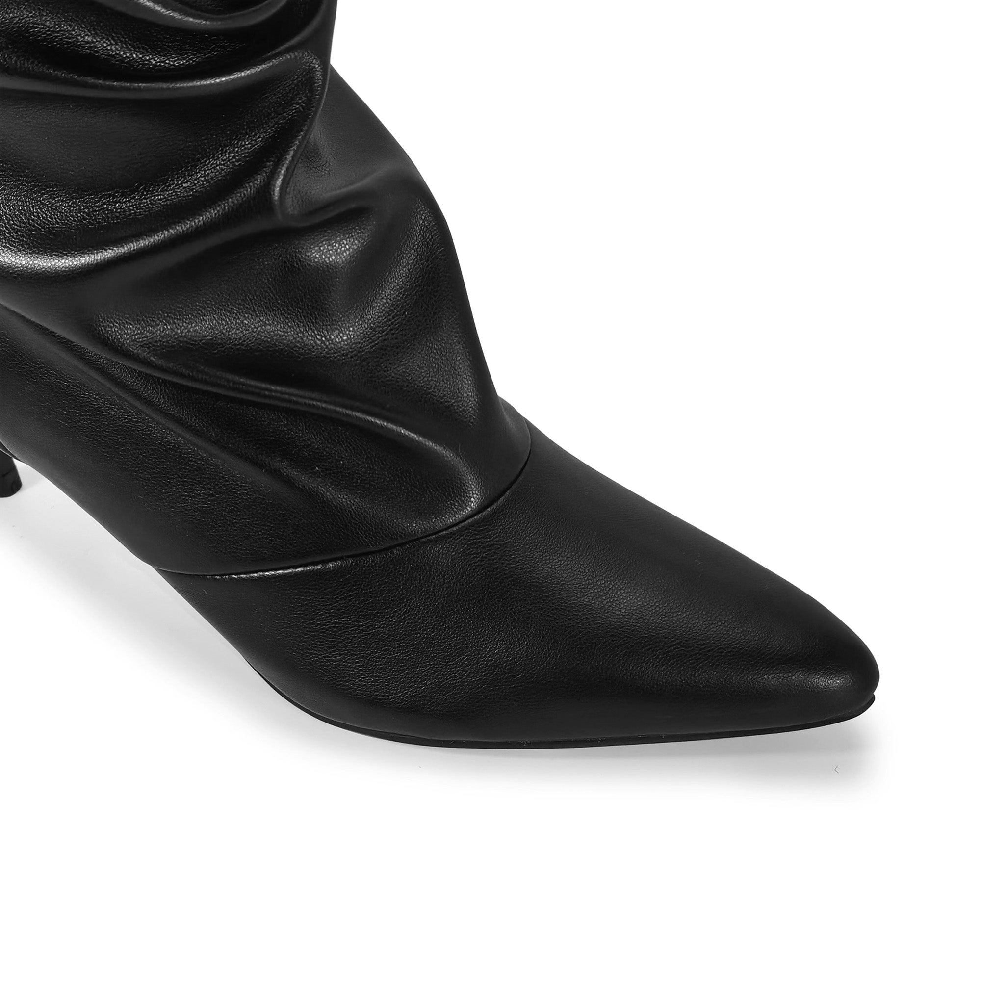 MIARA-1 POINTED TOE SLOUCH BOOTI W/ KITTEN HEEL BLACK PU