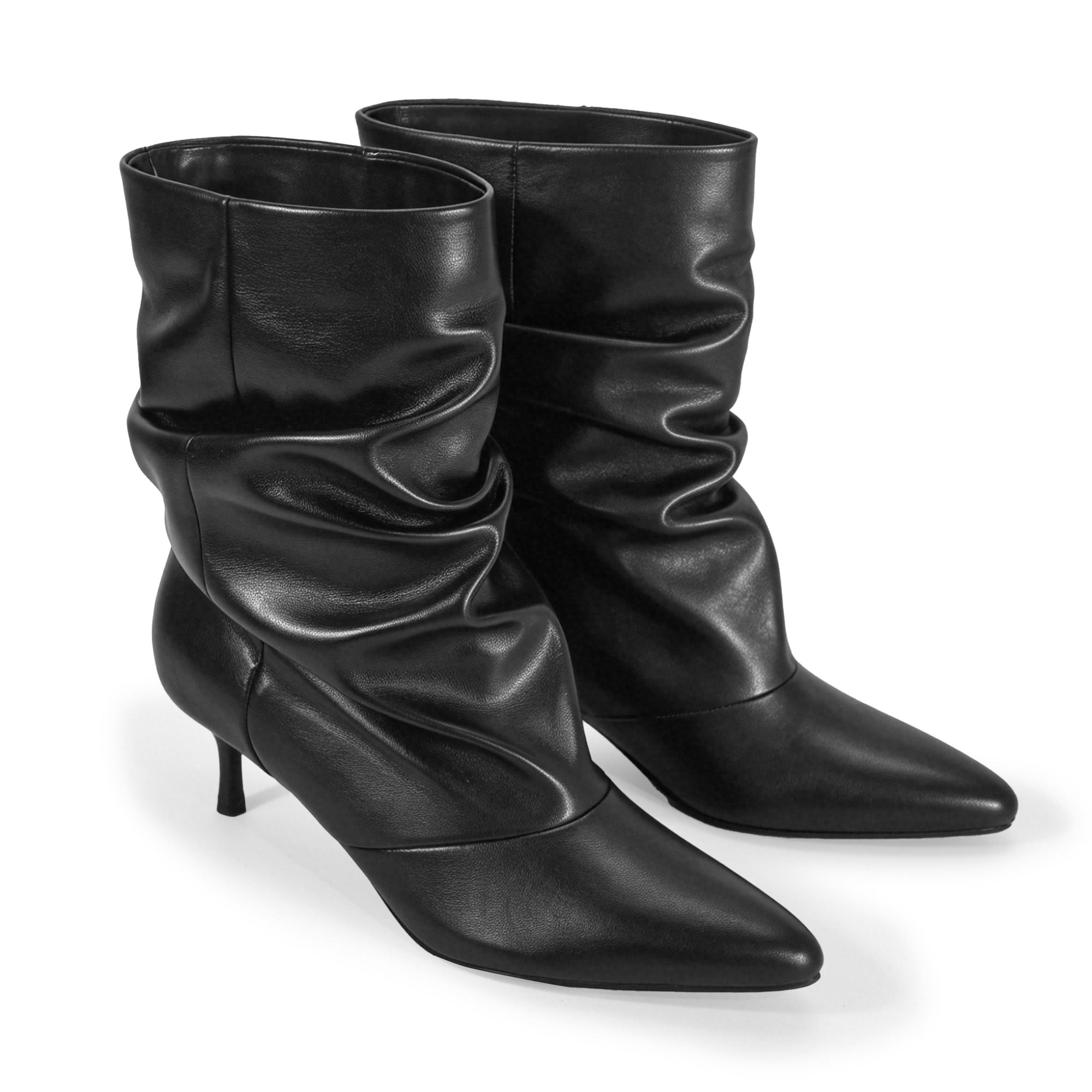 MIARA-1 POINTED TOE SLOUCH BOOTI W/ KITTEN HEEL BLACK PU