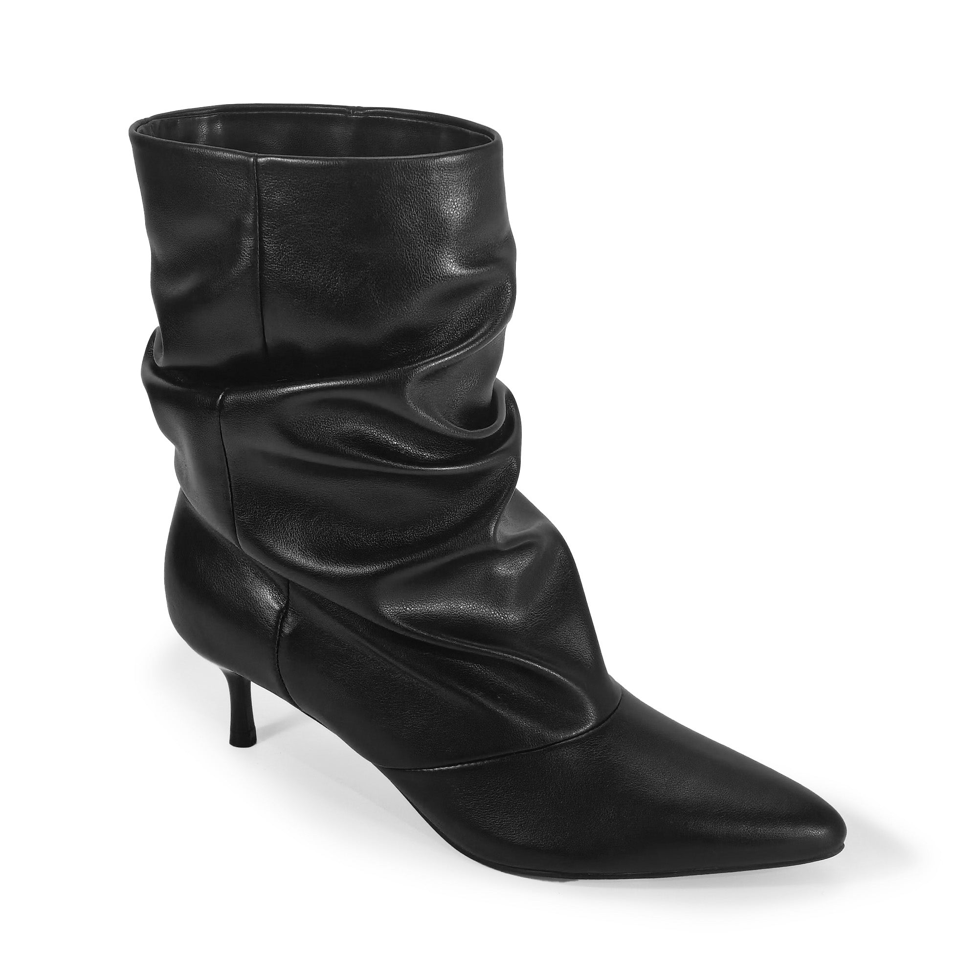 MIARA-1 POINTED TOE SLOUCH BOOTI W/ KITTEN HEEL BLACK PU