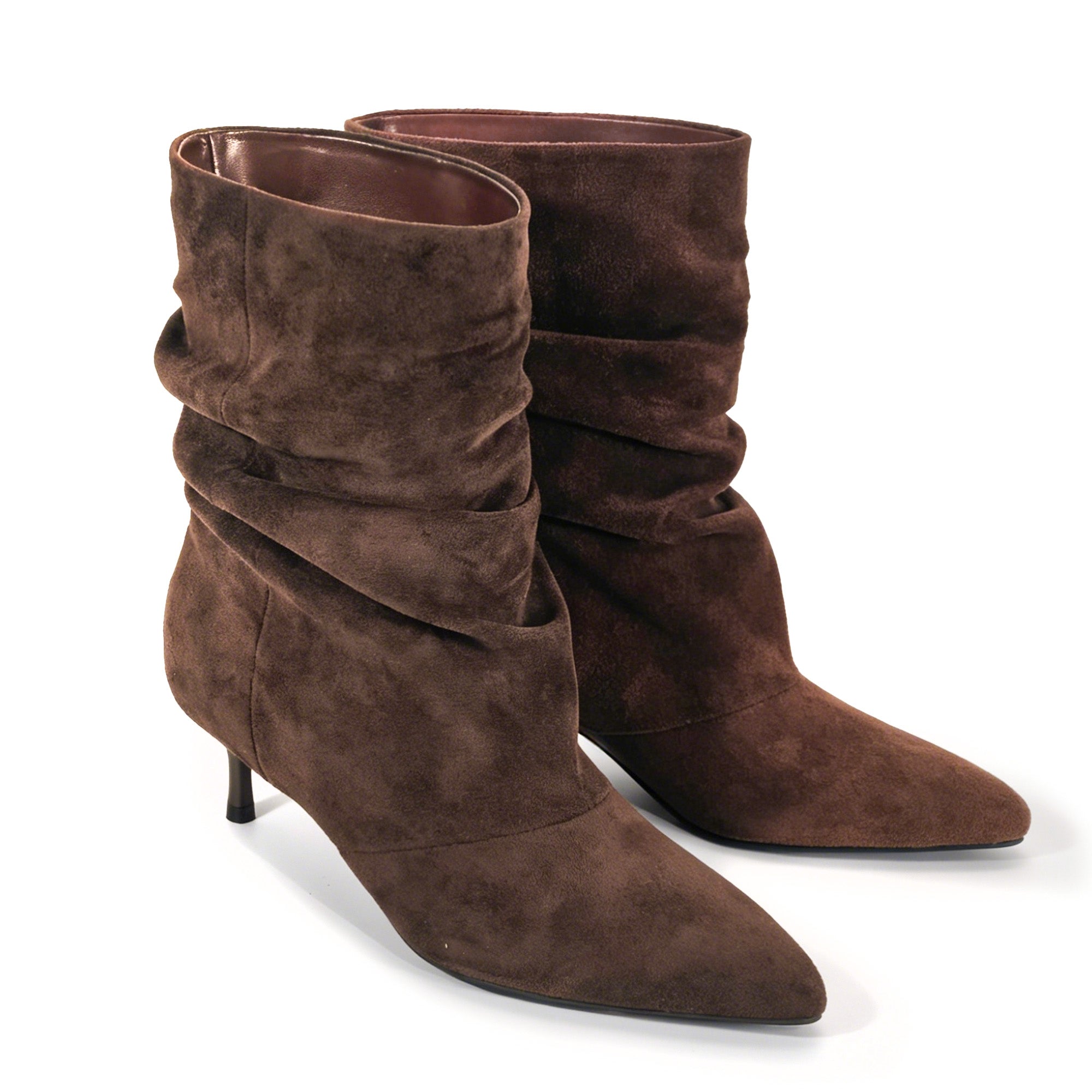 MIARA-1 POINTED TOE SLOUCH BOOTI W/ KITTEN HEEL CHOCOLATE