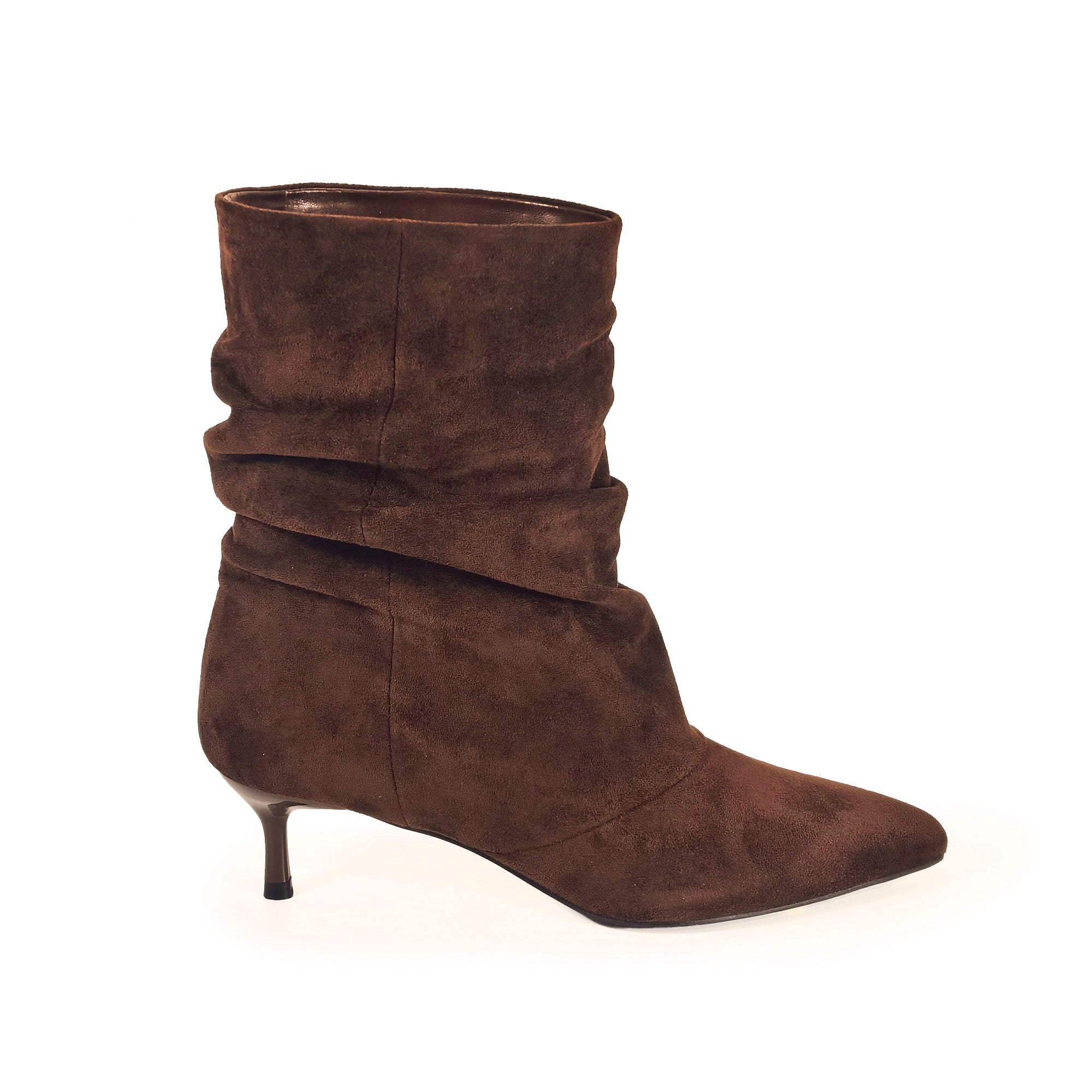 MIARA-1 POINTED TOE SLOUCH BOOTI W/ KITTEN HEEL CHOCOLATE