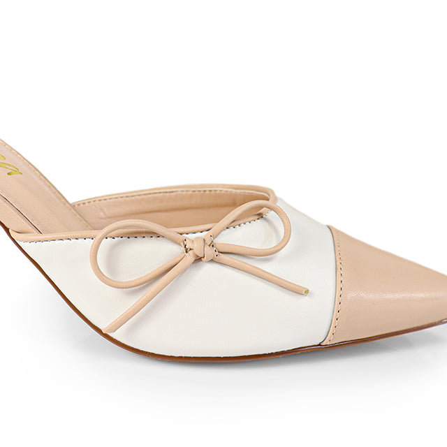MINDY-1 TWO-TONE TOE CAP MULE PUMP W KITTEN HEEL NUDE/WHITE