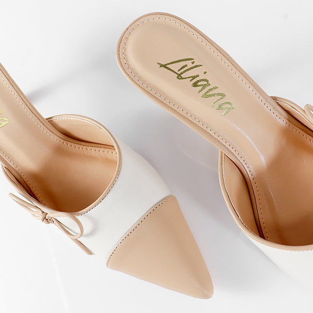 MINDY-1 TWO-TONE TOE CAP MULE PUMP W KITTEN HEEL NUDE/WHITE