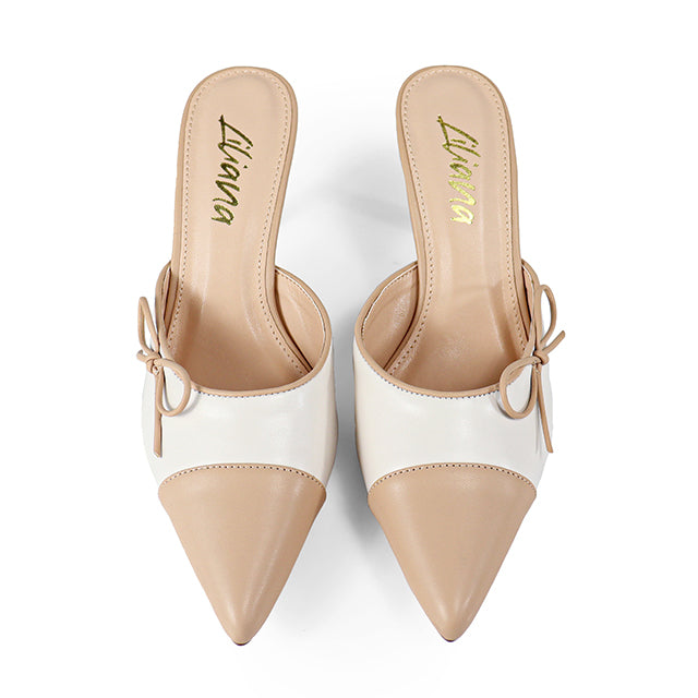 MINDY-1 TWO-TONE TOE CAP MULE PUMP W KITTEN HEEL NUDE/WHITE