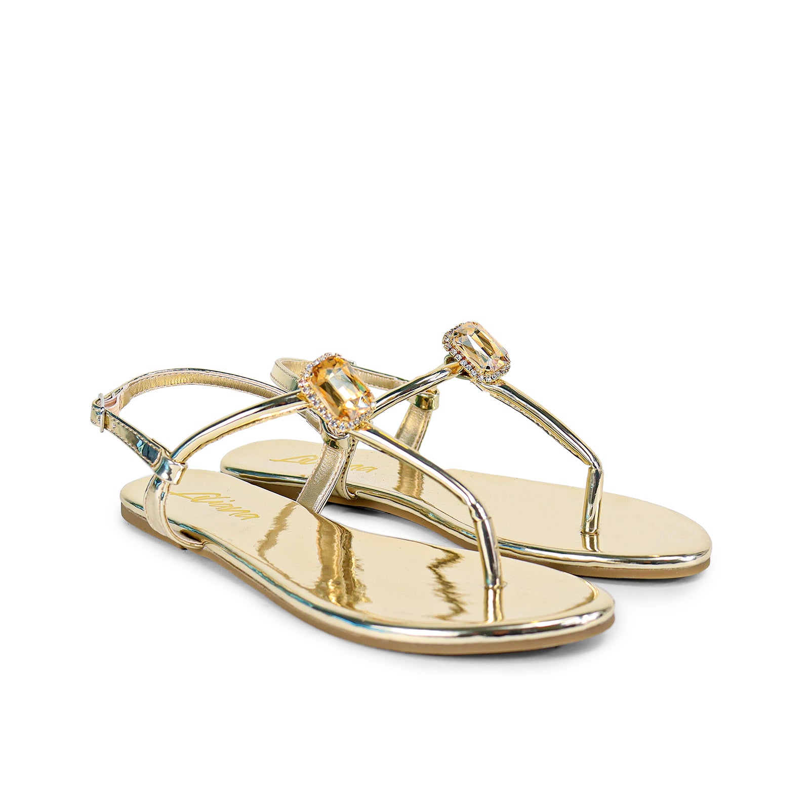 MOLLY-22 OPEN TOE THONG DIAMOND FLIP-FLOPS-GOLD