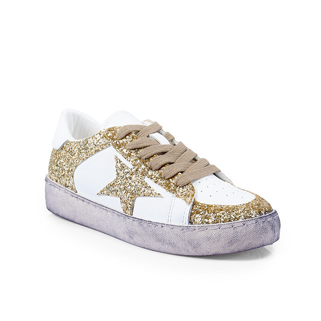 MONDAY-2 BURNISH EFFECT PATCHED SNEAKER W/ GLITTER LEOPARD/GOLD