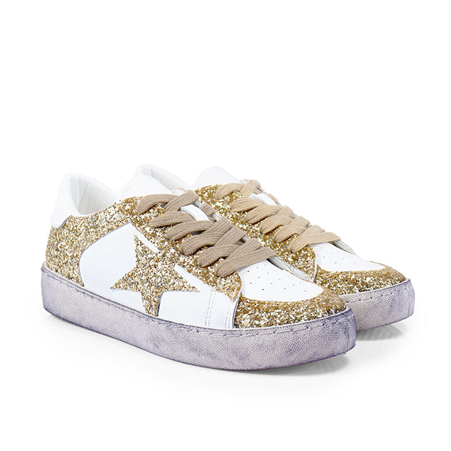 MONDAY-2 BURNISH EFFECT PATCHED SNEAKER W/ GLITTER LEOPARD/GOLD
