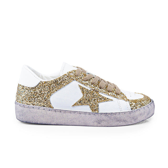 MONDAY-2 BURNISH EFFECT PATCHED SNEAKER W/ GLITTER LEOPARD/GOLD