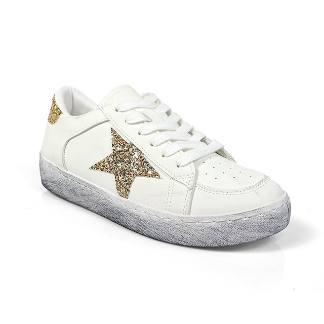 MONDAY-2 BURNISH EFFECT PATCHED SNEAKER W/ GLITTER WHITE