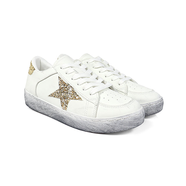 MONDAY-2 BURNISH EFFECT PATCHED SNEAKER W/ GLITTER WHITE