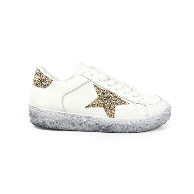 MONDAY-2 BURNISH EFFECT PATCHED SNEAKER W/ GLITTER WHITE