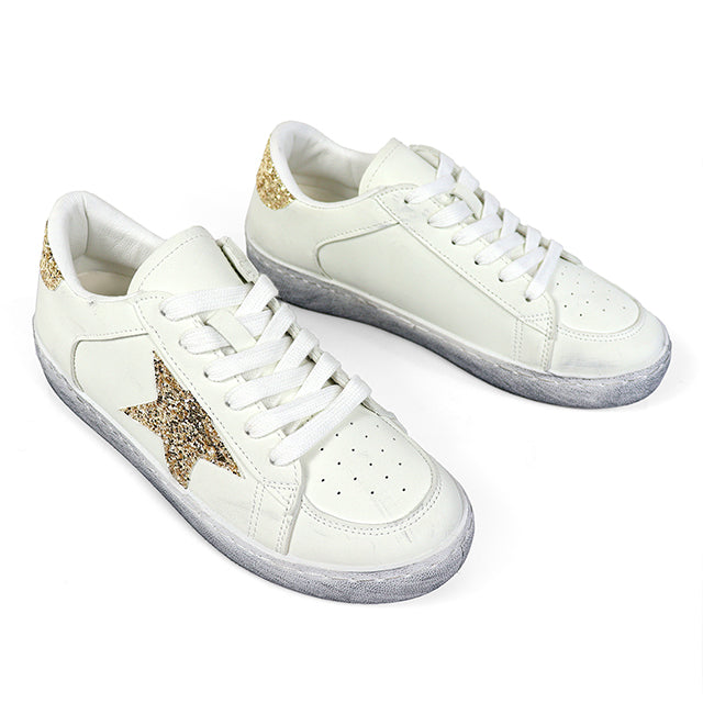 MONDAY-2 BURNISH EFFECT PATCHED SNEAKER W/ GLITTER WHITE