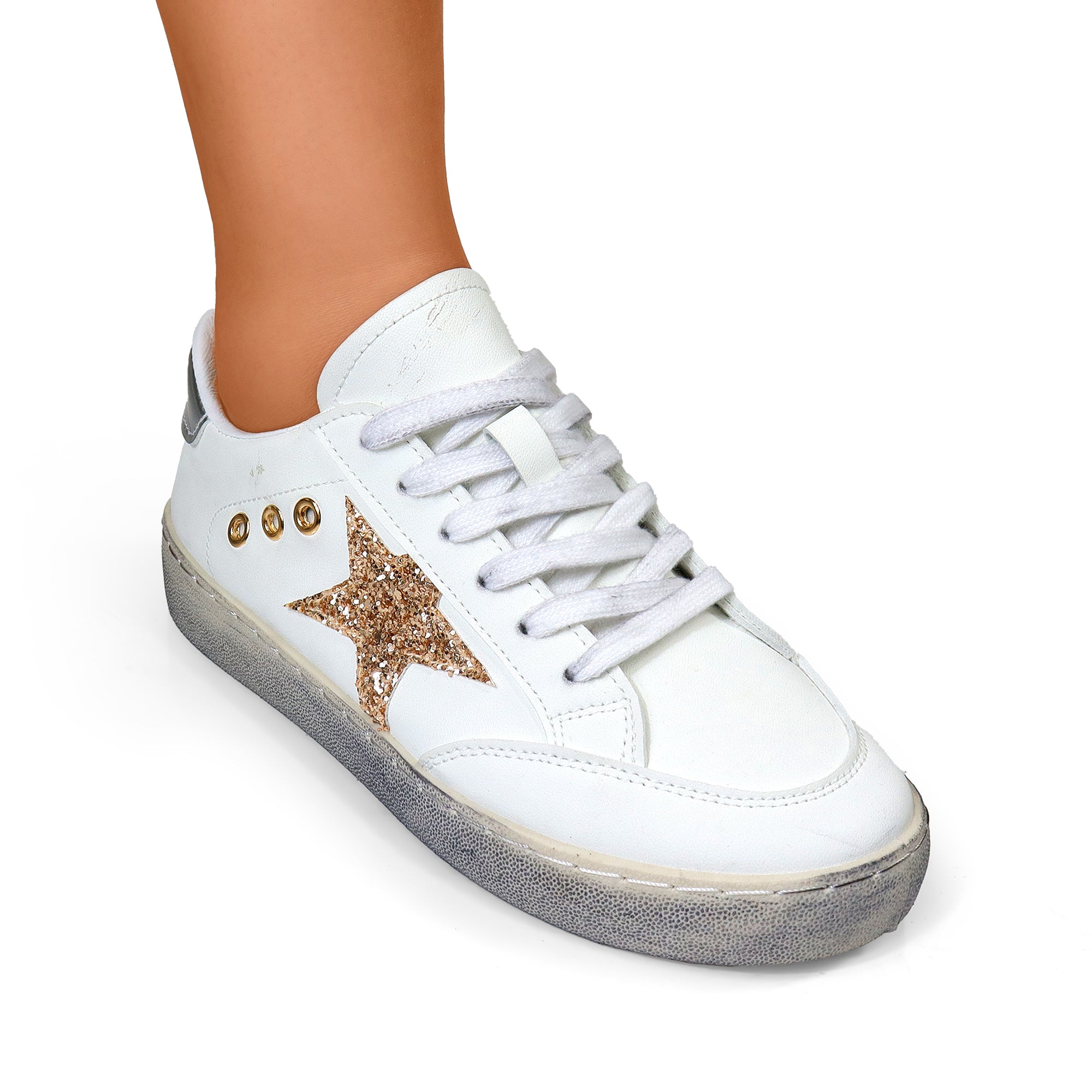 MONDAY-3  BURNISH EFFECT PATCHED SNEAKER GOLD