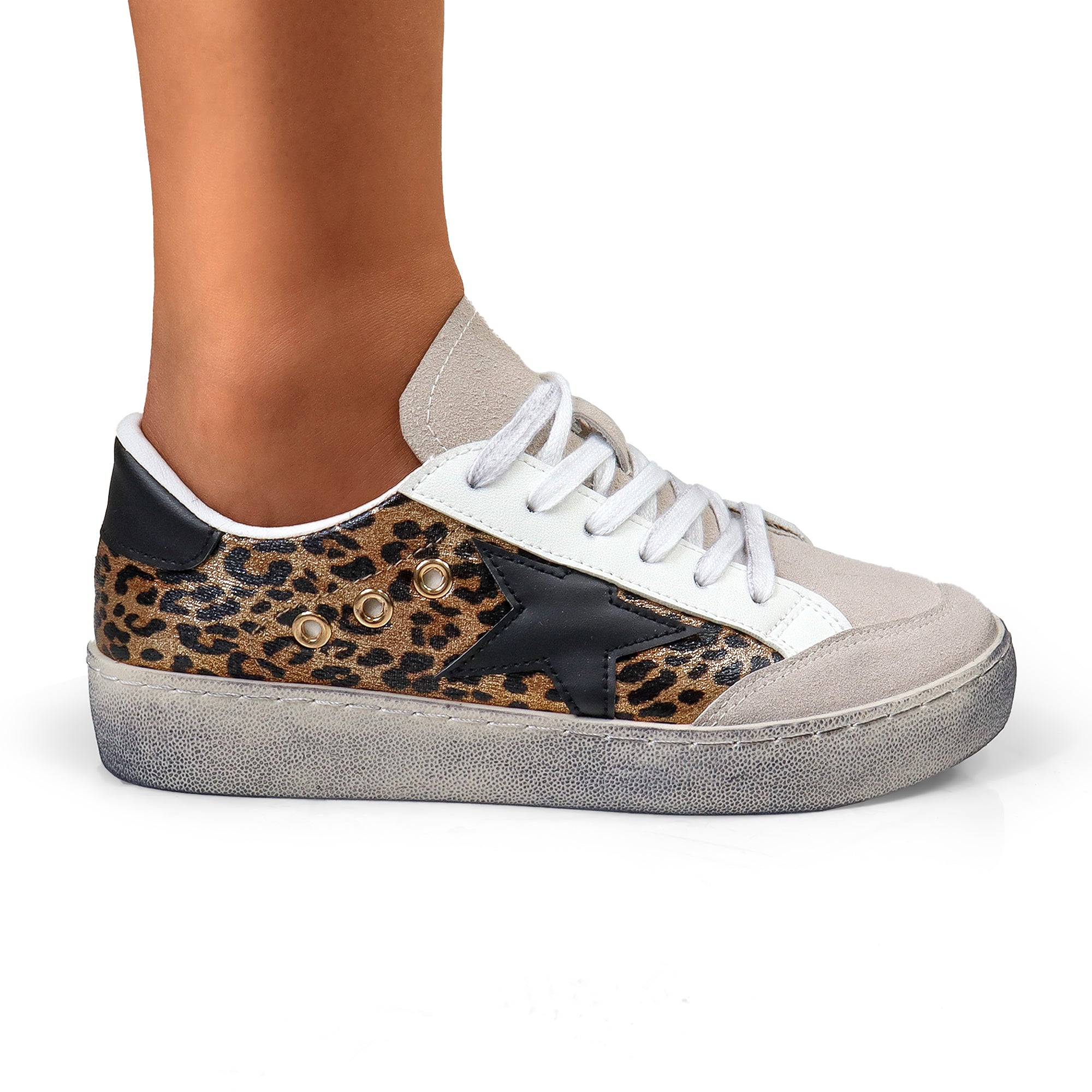 MONDAY-3  BURNISH EFFECT PATCHED SNEAKER LEOPARD